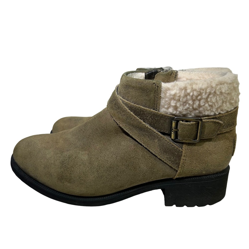 UGG Suede Shearling Ankle Boots Olive Brown Moto Buckle Zip 1095151 Womens 7.5